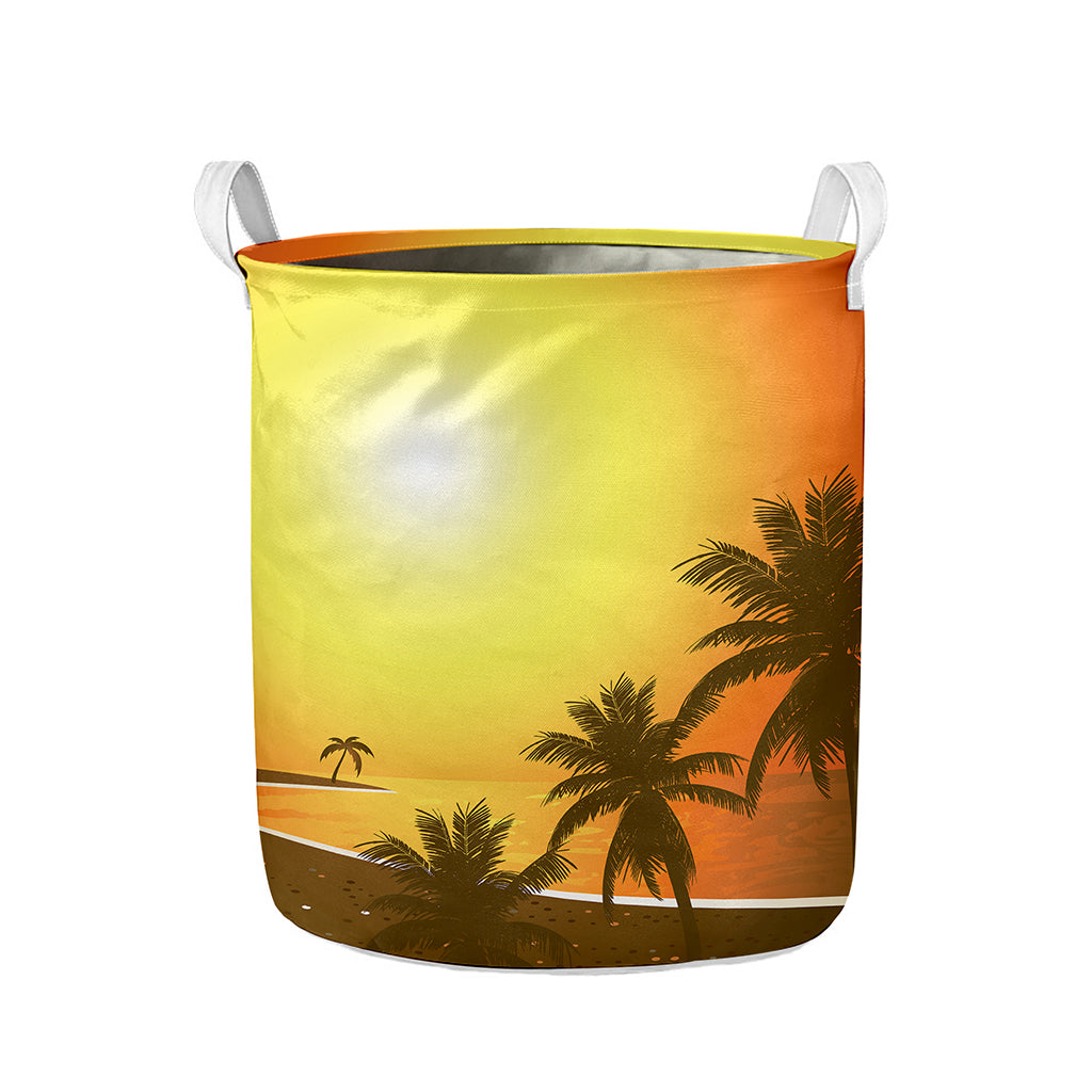 Tropical Beach Sunset Print Collapsible Laundry Basket