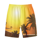 Tropical Beach Sunset Print Cotton Shorts