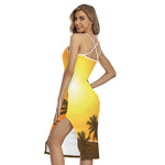 Tropical Beach Sunset Print Cross Back Cami Dress