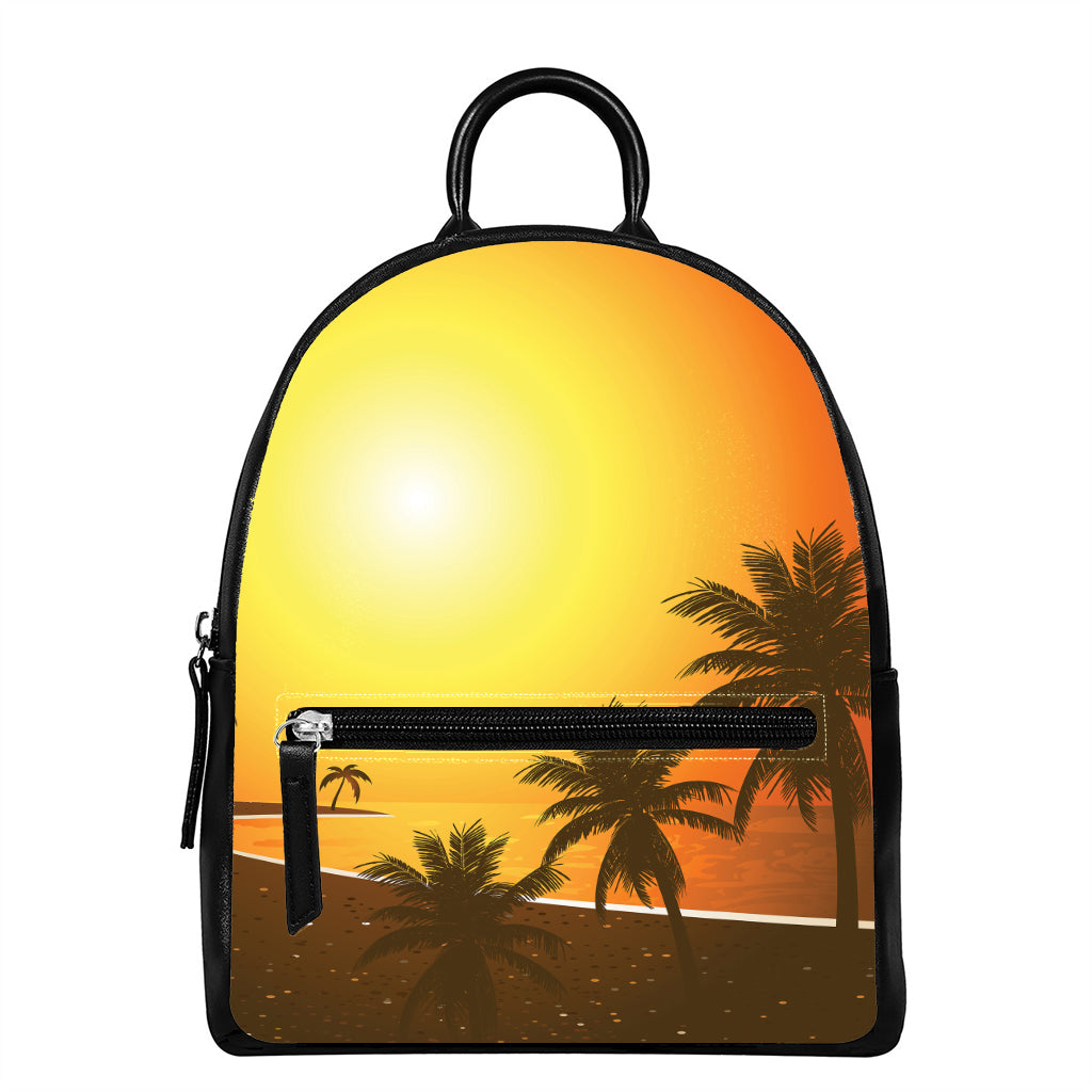Tropical Beach Sunset Print Leather Backpack