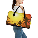 Tropical Beach Sunset Print Leather Duffle Bag