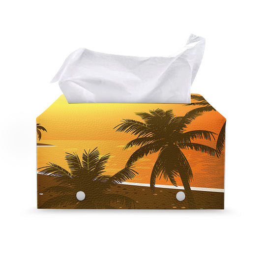 Tropical Beach Sunset Print Leather Tissue Box Cover