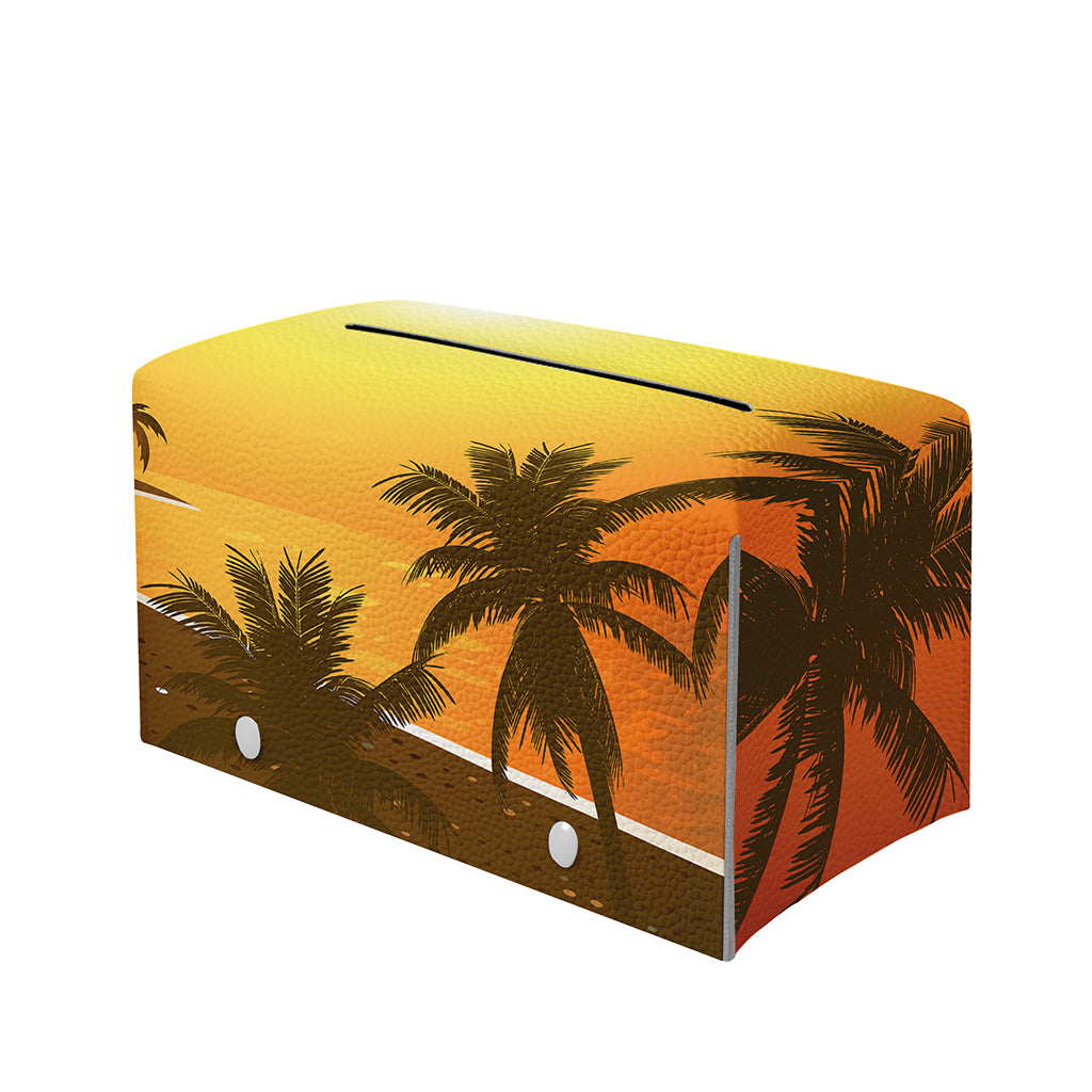 Tropical Beach Sunset Print Leather Tissue Box Cover