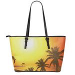 Tropical Beach Sunset Print Leather Tote Bag