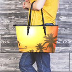 Tropical Beach Sunset Print Leather Tote Bag