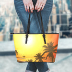 Tropical Beach Sunset Print Leather Tote Bag