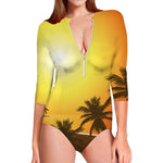 Tropical Beach Sunset Print Long Sleeve Swimsuit