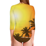 Tropical Beach Sunset Print Long Sleeve Swimsuit