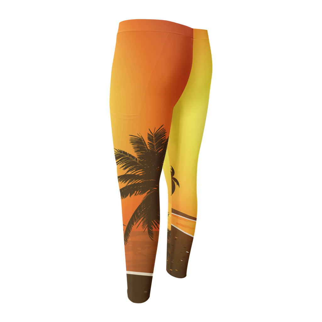 Tropical Beach Sunset Print Men's Compression Pants