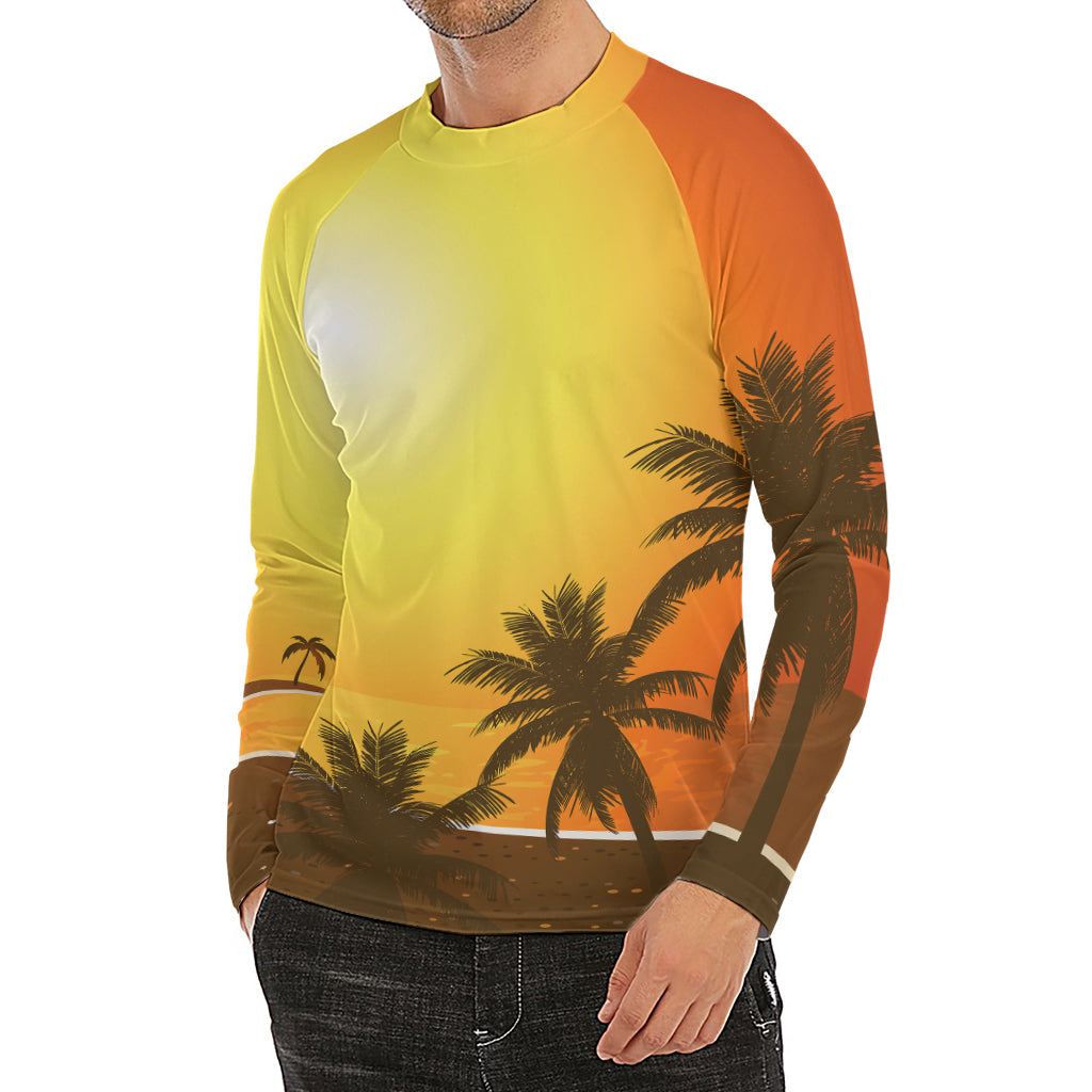 Tropical Beach Sunset Print Men's Long Sleeve Rash Guard