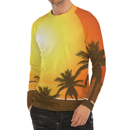 Tropical Beach Sunset Print Men's Long Sleeve Rash Guard