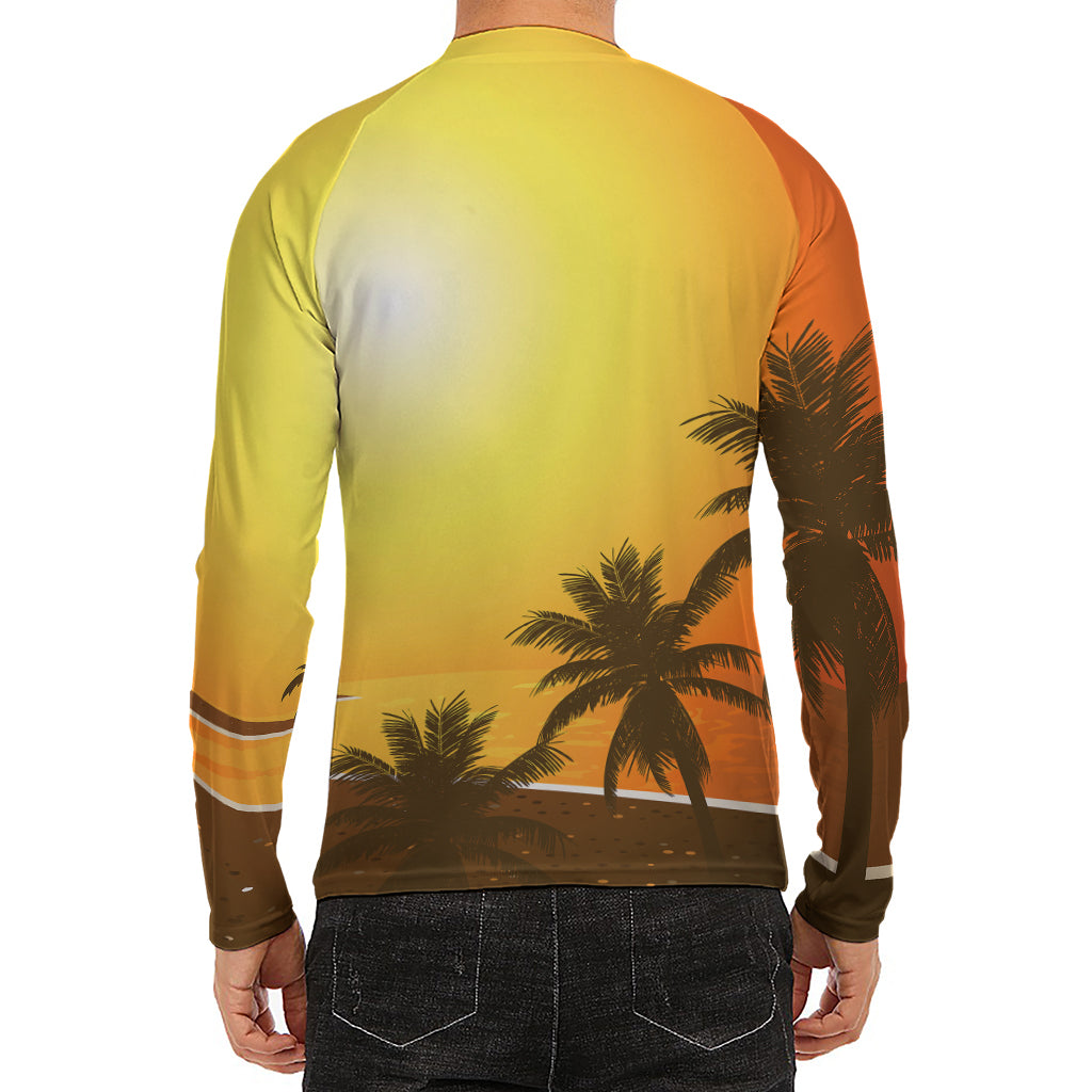 Tropical Beach Sunset Print Men's Long Sleeve Rash Guard