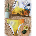 Tropical Beach Sunset Print One Shoulder Bikini Top