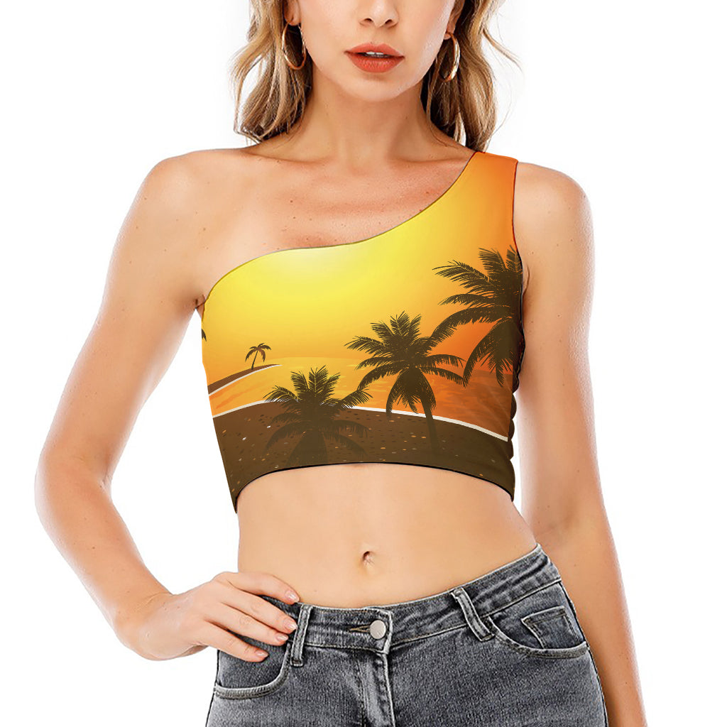 Tropical Beach Sunset Print One Shoulder Crop Top