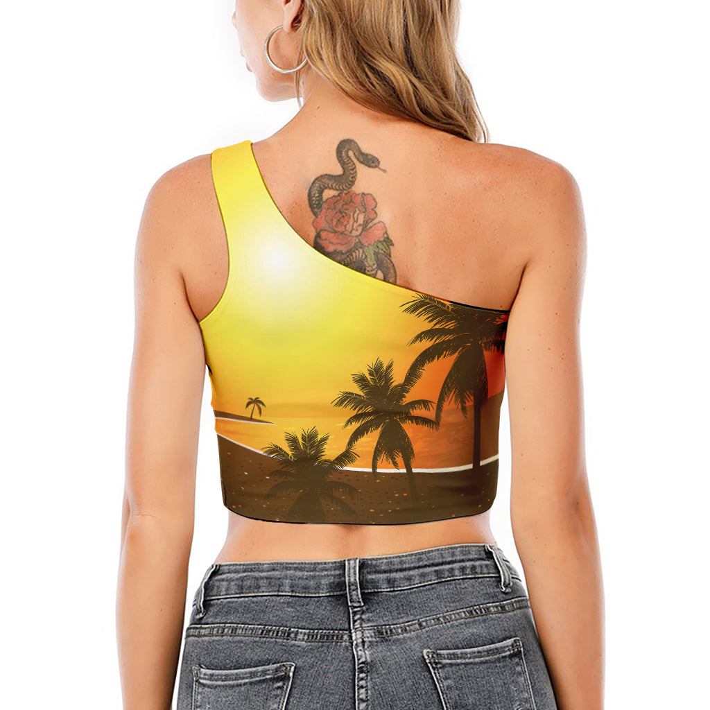 Tropical Beach Sunset Print One Shoulder Crop Top