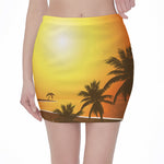 Tropical Beach Sunset Print Pencil Mini Skirt