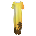 Tropical Beach Sunset Print Short Sleeve Long Nightdress