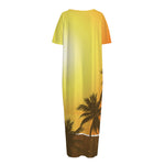 Tropical Beach Sunset Print Short Sleeve Long Nightdress