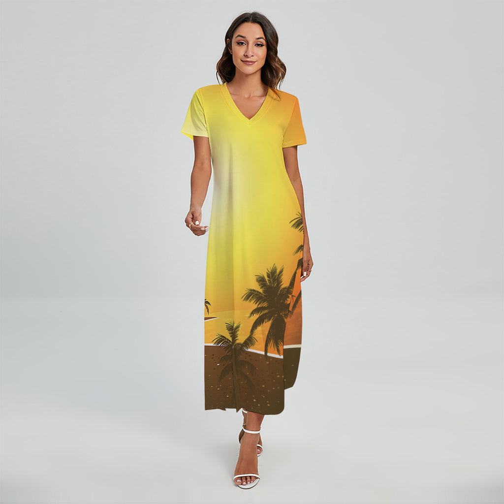 Tropical Beach Sunset Print Short Sleeve Maxi Dress