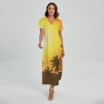Tropical Beach Sunset Print Short Sleeve Maxi Dress