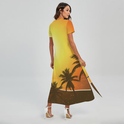 Tropical Beach Sunset Print Short Sleeve Maxi Dress