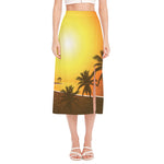 Tropical Beach Sunset Print Side Slit Midi Skirt