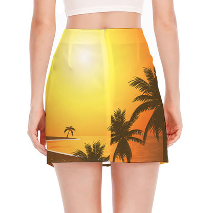Tropical Beach Sunset Print Side Slit Mini Skirt