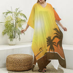 Tropical Beach Sunset Print Silk V-Neck Kaftan Dress