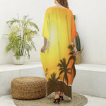 Tropical Beach Sunset Print Silk V-Neck Kaftan Dress