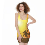 Tropical Beach Sunset Print Sleeveless Bodycon Dress