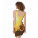 Tropical Beach Sunset Print Sleeveless Bodycon Dress