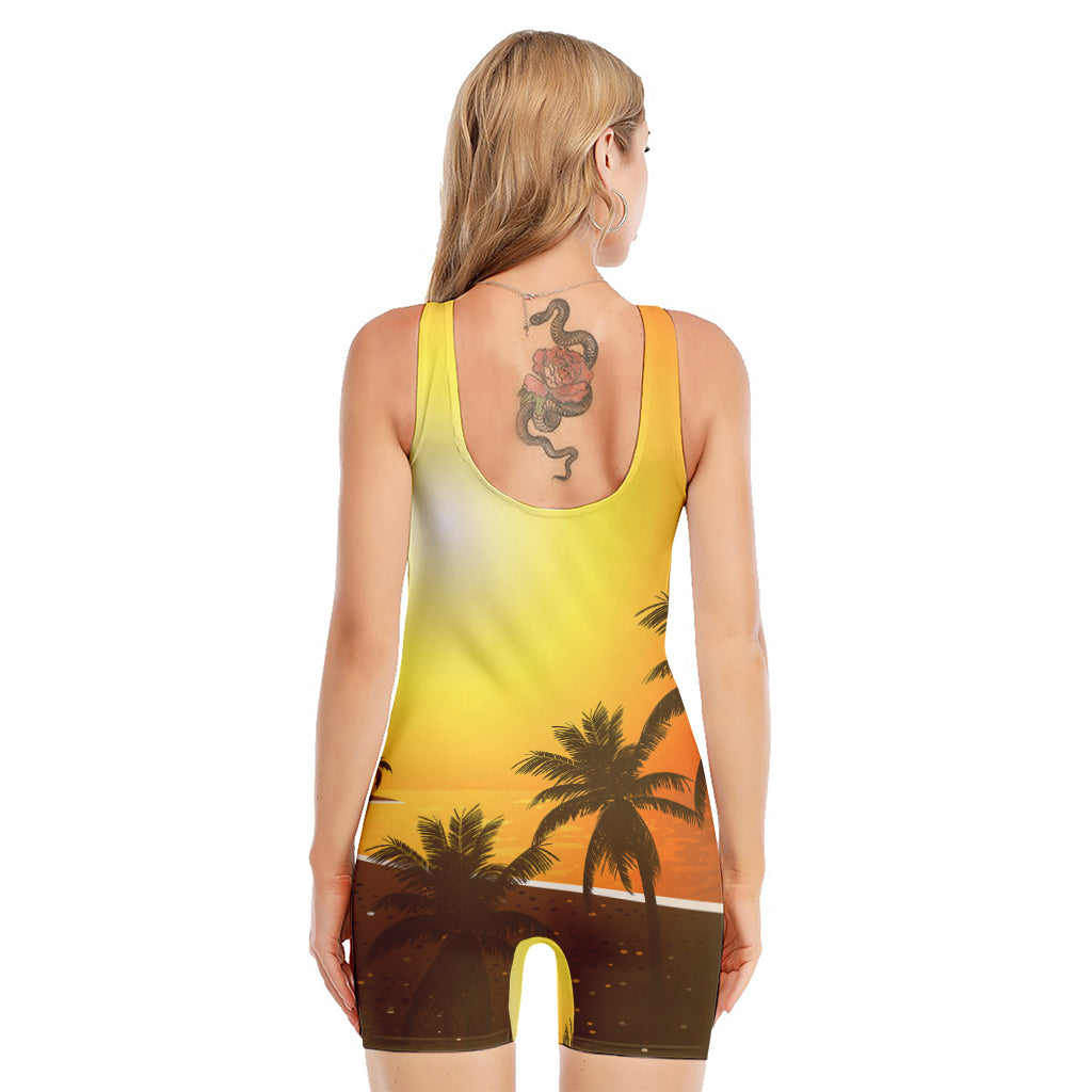 Tropical Beach Sunset Print Sleeveless One Piece Swimsuit
