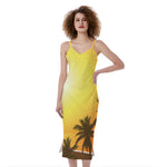 Tropical Beach Sunset Print Slim Fit Midi Cami Dress