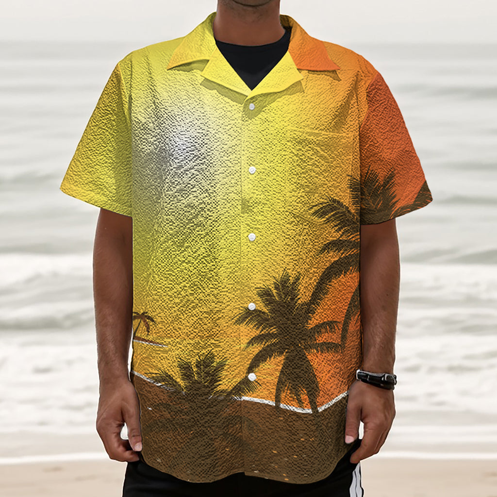 Tropical Beach Sunset Print Textured Short Sleeve Shirt