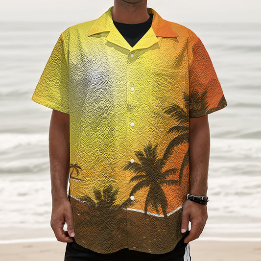 Tropical Beach Sunset Print Textured Short Sleeve Shirt