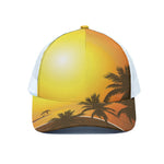 Tropical Beach Sunset Print White Mesh Trucker Cap