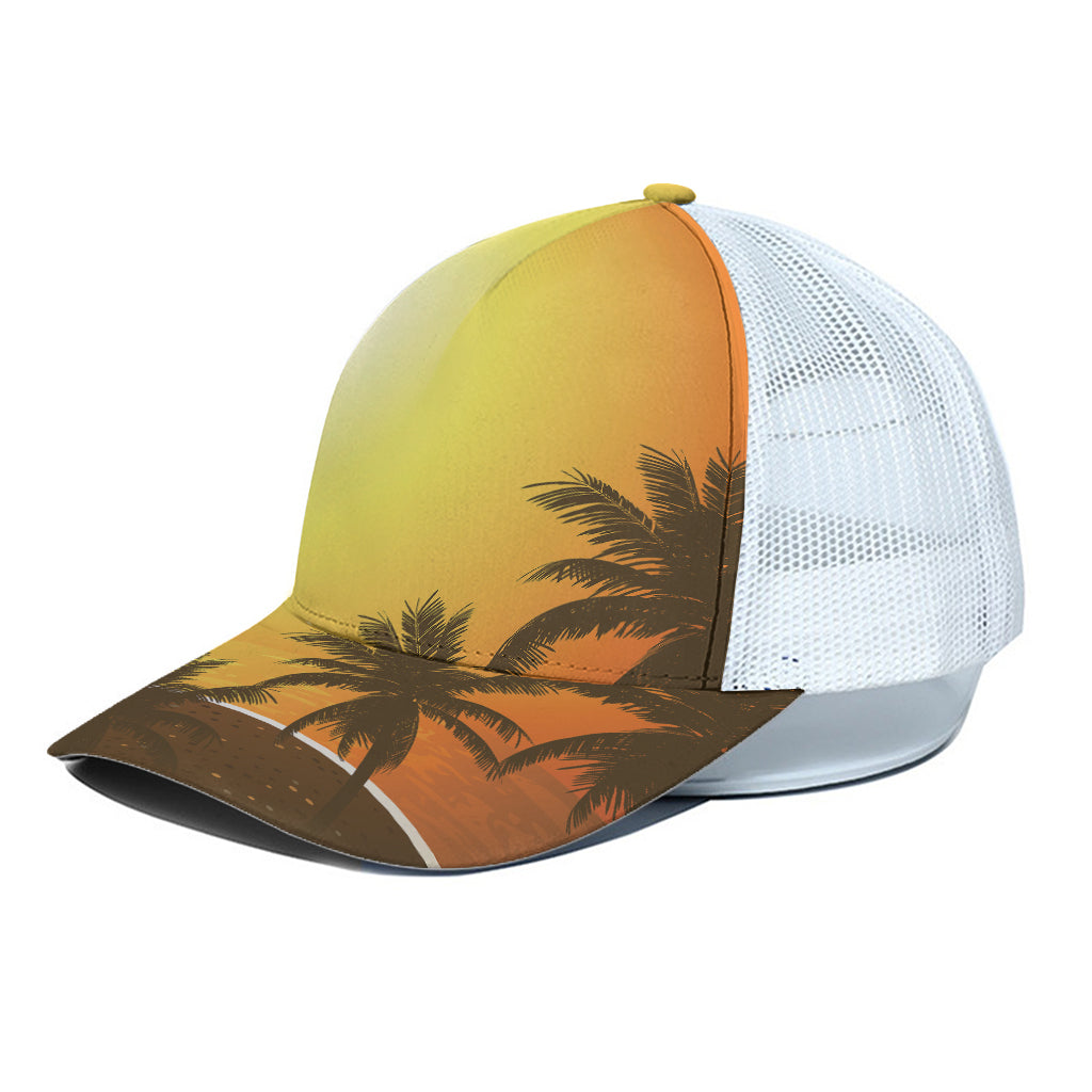 Tropical Beach Sunset Print White Mesh Trucker Cap
