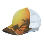 Tropical Beach Sunset Print White Mesh Trucker Cap