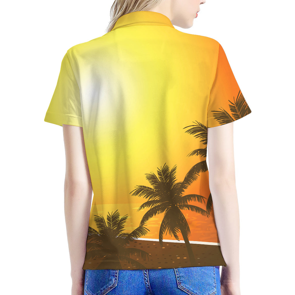 Tropical Beach Sunset Print Women's Polo Shirt