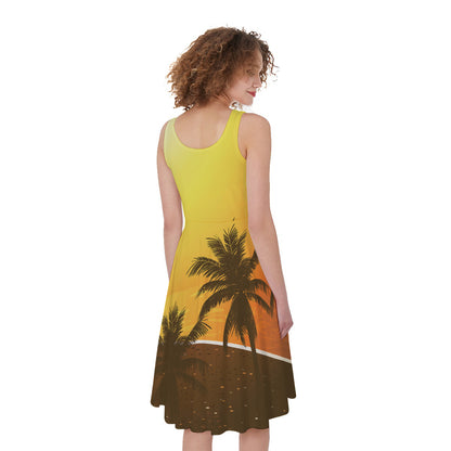 Tropical Beach Sunset Print Women's Sleeveless Dress