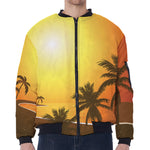 Tropical Beach Sunset Print Zip Sleeve Bomber Jacket