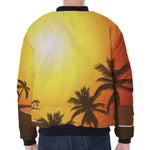 Tropical Beach Sunset Print Zip Sleeve Bomber Jacket