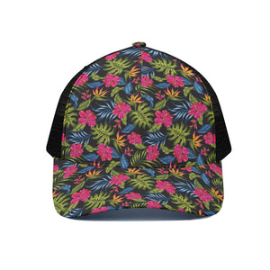 Tropical Bird Of Paradise Pattern Print Black Mesh Trucker Cap