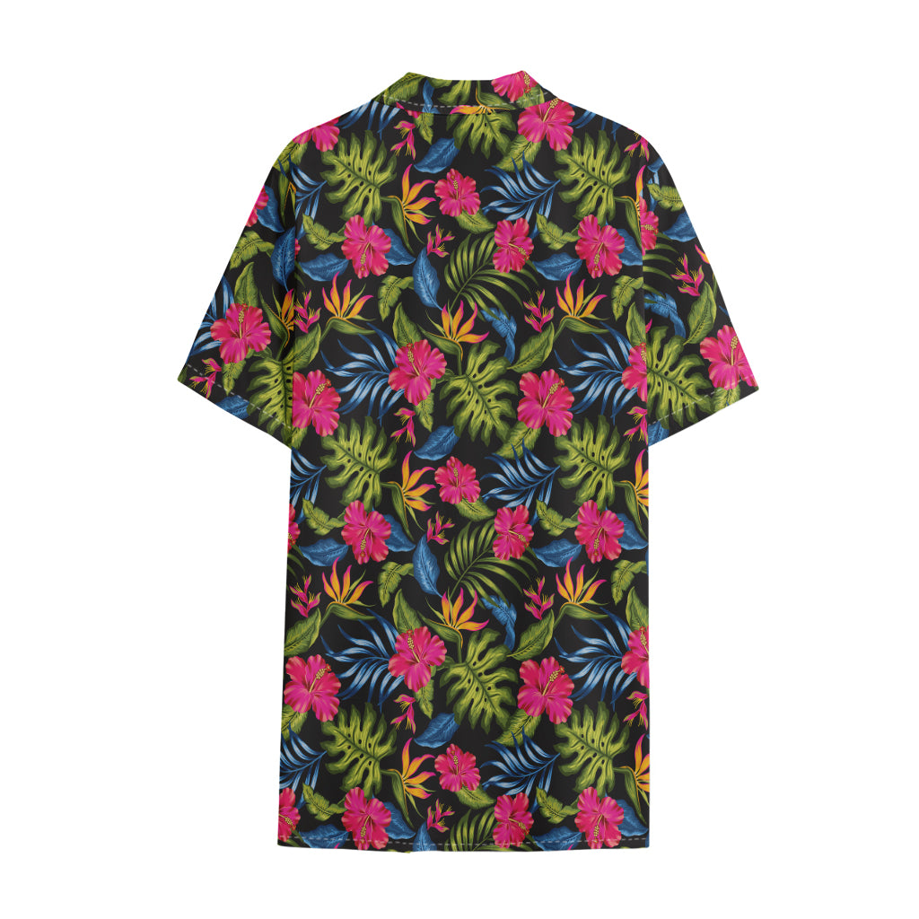 Tropical Bird Of Paradise Pattern Print Cotton Hawaiian Shirt