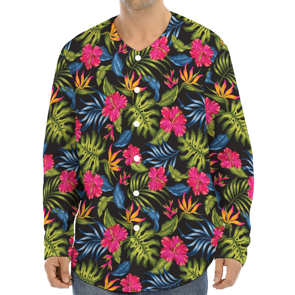 Tropical Bird Of Paradise Pattern Print Long Sleeve Baseball Jersey