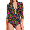 Tropical Bird Of Paradise Pattern Print Long Sleeve Swimsuit