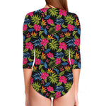 Tropical Bird Of Paradise Pattern Print Long Sleeve Swimsuit