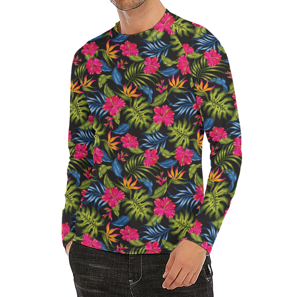 Tropical Bird Of Paradise Pattern Print Men's Long Sleeve Rash Guard