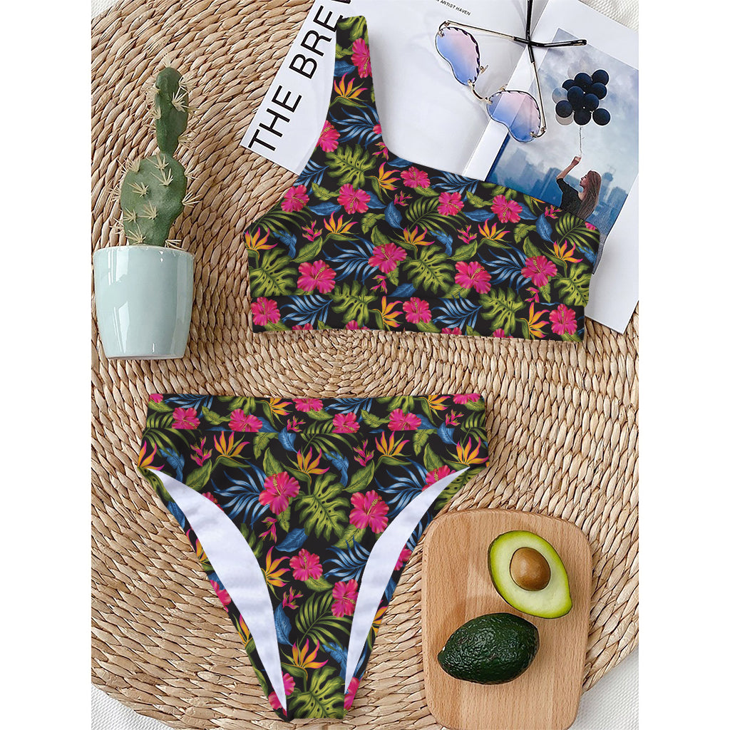 Tropical Bird Of Paradise Pattern Print One Shoulder Bikini Top