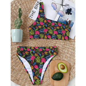 Tropical Bird Of Paradise Pattern Print One Shoulder Bikini Top